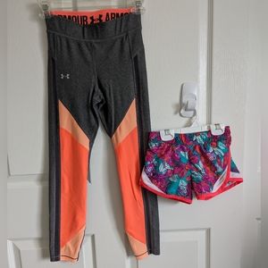 Girls Under Armour Leggings Xs 5 Old Navy Active Shorts Heather Gray Pink Coral